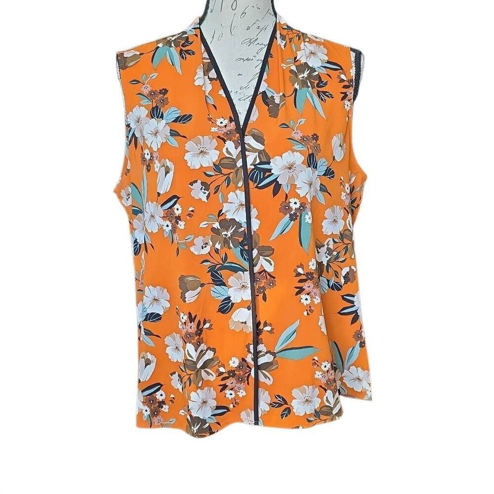 Calvin Klein Women's Size Large Orange White Floral Sleeveless Tank